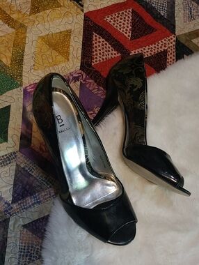 Bakers Black Patent Peep-Toe Heels with Subtle Pattern